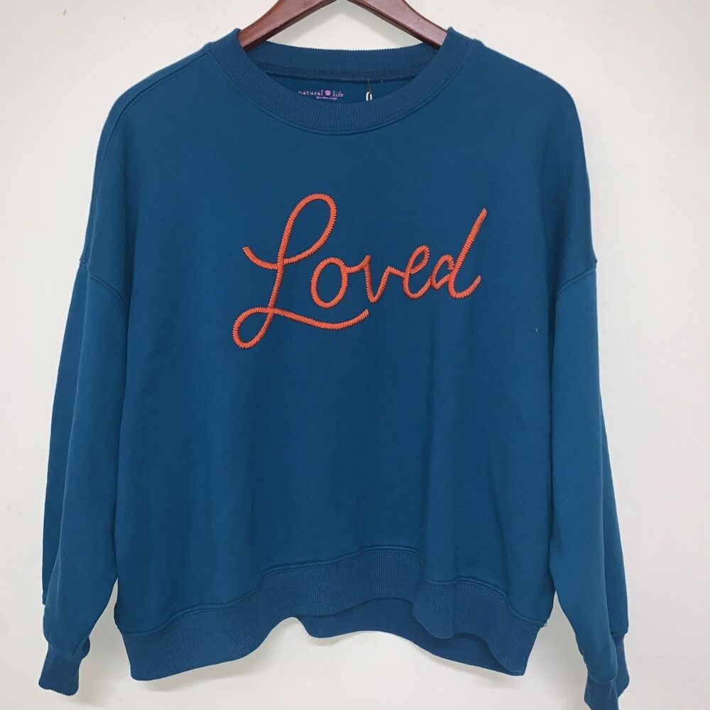 NWT Natural Life Boxy Embroidered “Loved” ❤️ On Sleeves Sweatshirt Oversized Med - Picture 2 of 11